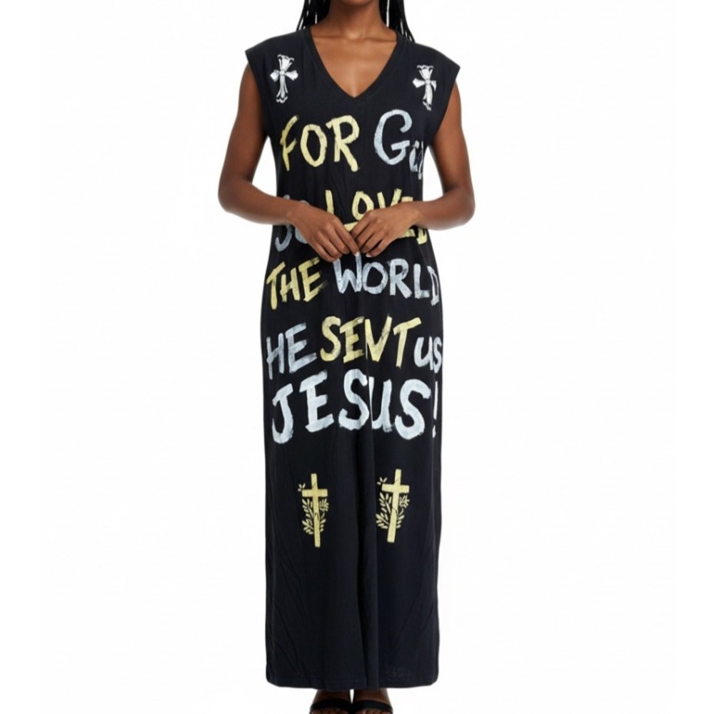 HAND PAINTED DRESS Art-To-Wear Black Shimmer Paint John 3:16 Bible Christian S